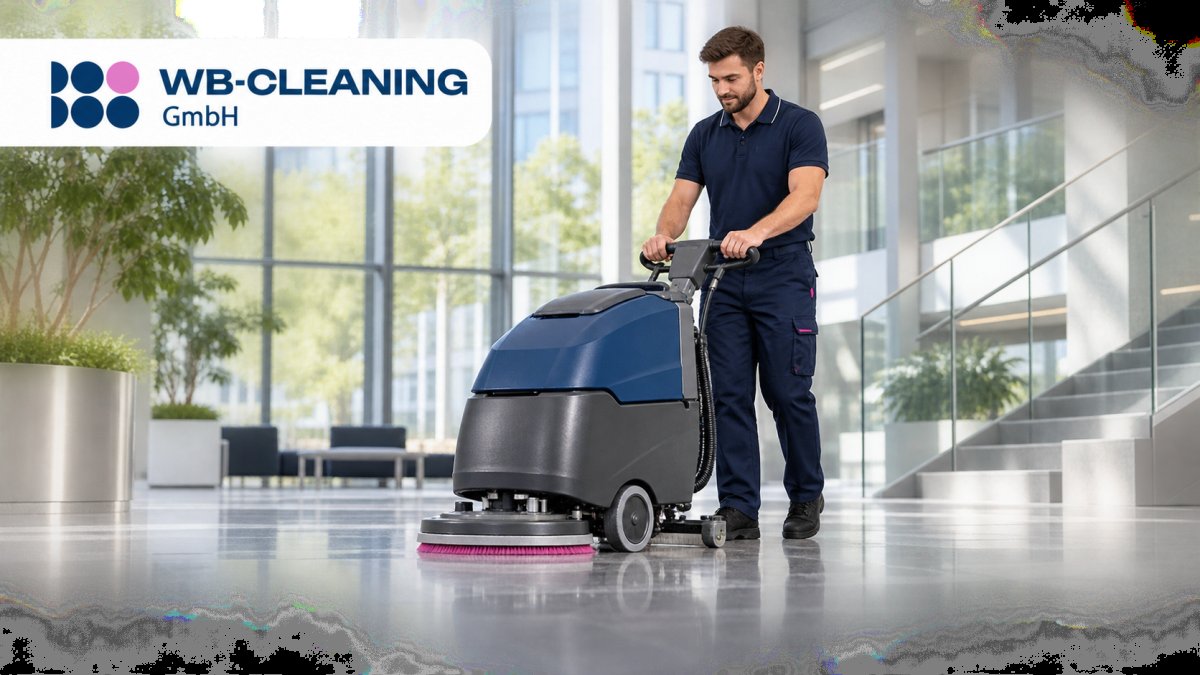Reinigungskraft säubert mit einer Bodenreinigungsmaschine den Eingangsbereich eines modernen Gebäudes – WB-Cleaning GmbH.
