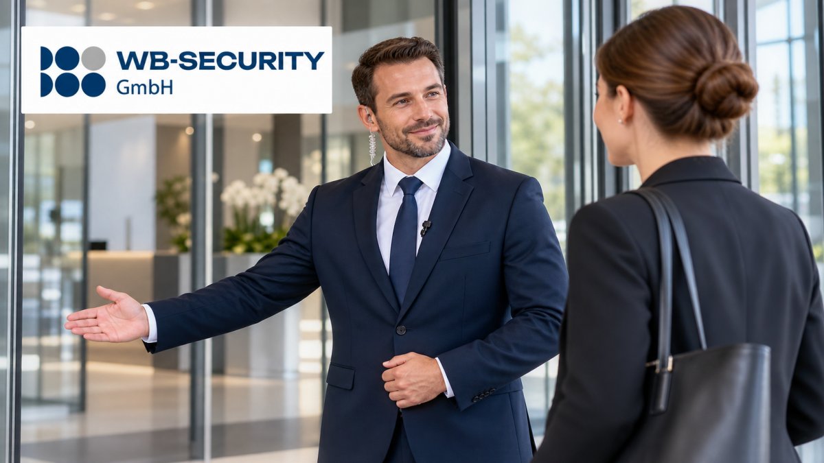 Doorman begrüßt eine Besucherin am Eingang eines Geschäftsgebäudes – WB-Security GmbH.